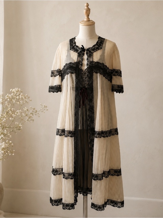 Vintage Other - VINTAGE 60s VANITY FAIR Peignoir Set Black Lace Pleated Chiffon Robe Nightgown